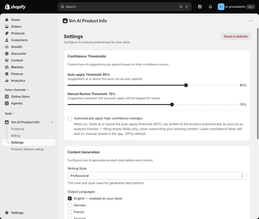 Settings mit Auto-apply-Schwelle 85 Prozent, Review-Schwelle 70 Prozent und ausgeschalteter automatischer Übernahme.